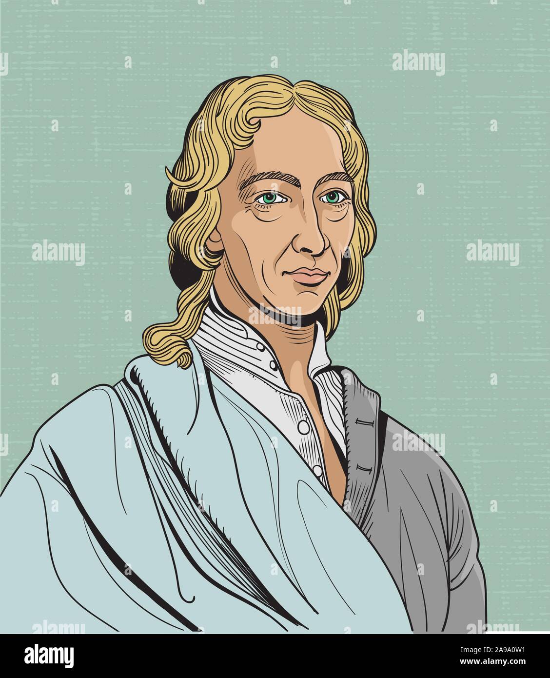 Robert Boyle cartoon Porträt, er war ein irischer Philosoph, Chemiker, Physiker und Erfinder, Stock Vektor