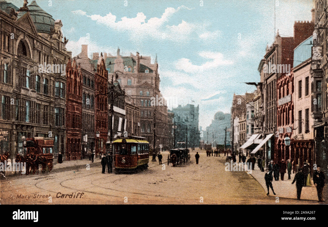 Mai Street, Cardiff, Edwardian hand - Getönt photographische Postkarte von der Hauptstraße in die Hauptstadt von Wales Stockfoto