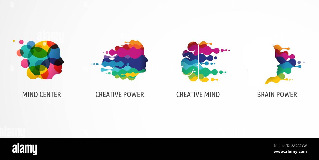 Gehirn, kreativer Geist, Lernen und Design Icons, Logos. Man Kopf, Menschen Symbole Stock Vektor