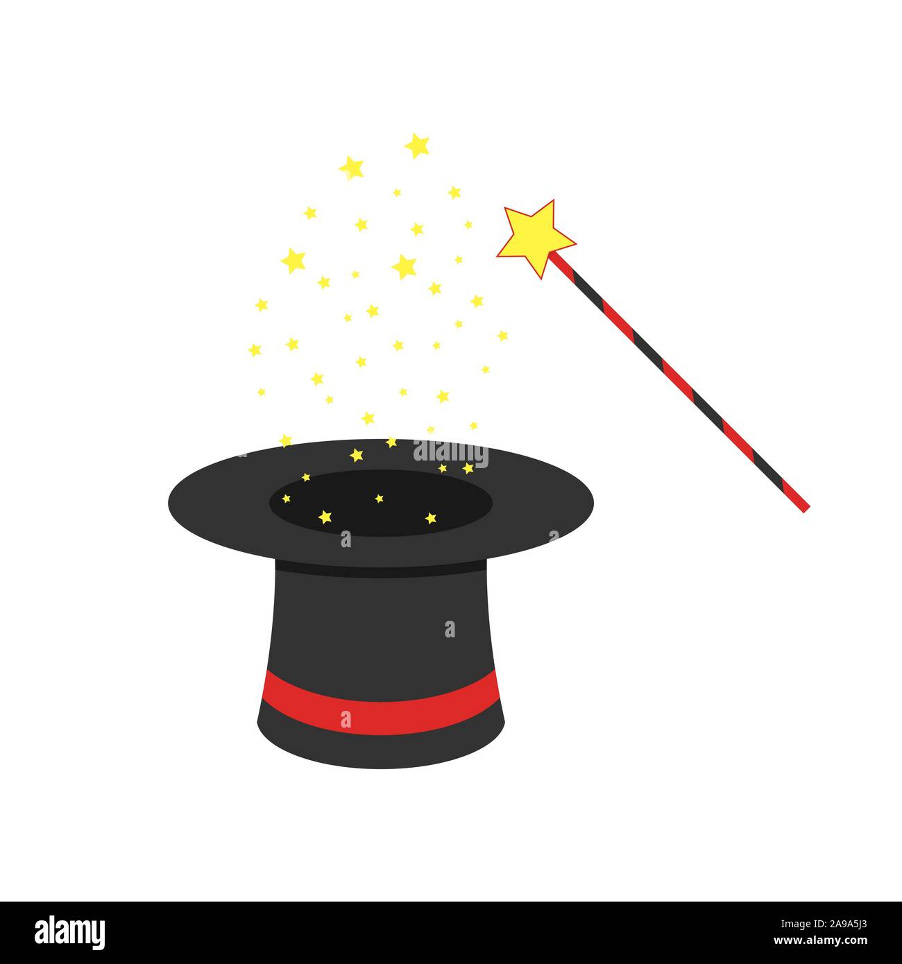 Schwarze Magie Hut und Zauberstab mit Fliegenden Sterne. Vector Illustration. Magic Show Konzept in flacher Bauweise Stock Vektor