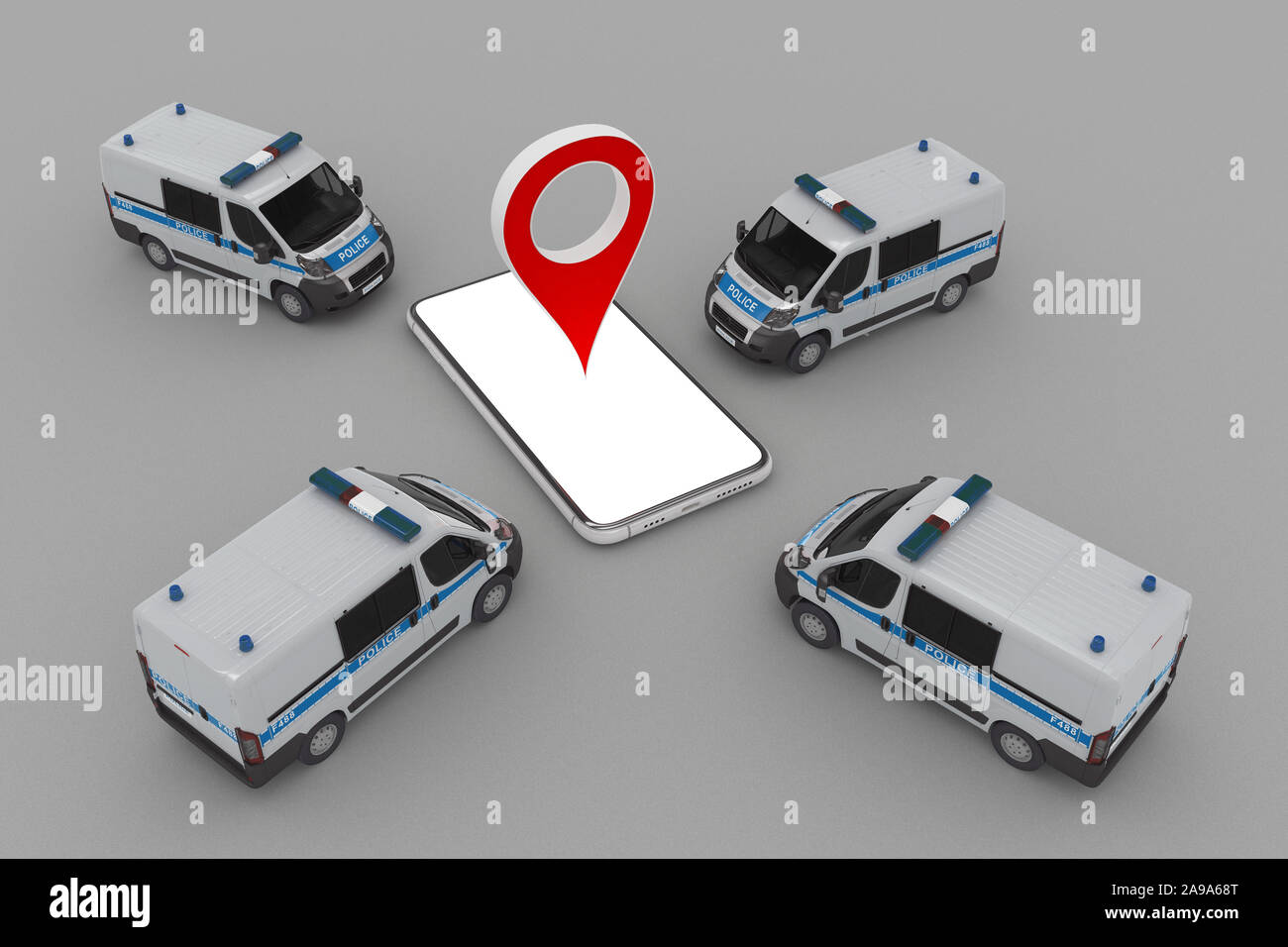 Gruppe von Polizei Autos mit Smartphone und pin-Marker. 3D-Rendering Stockfoto