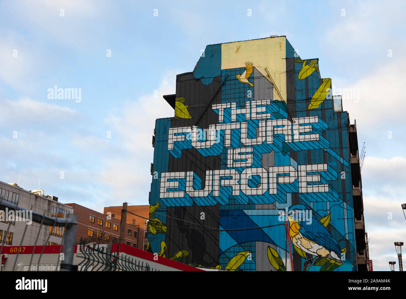 Die Zukunft ist Europa Wandbild, Rue de la Loi, Brüssel in der Rue de la Loi 103, 1000 Brüssel. Stockfoto