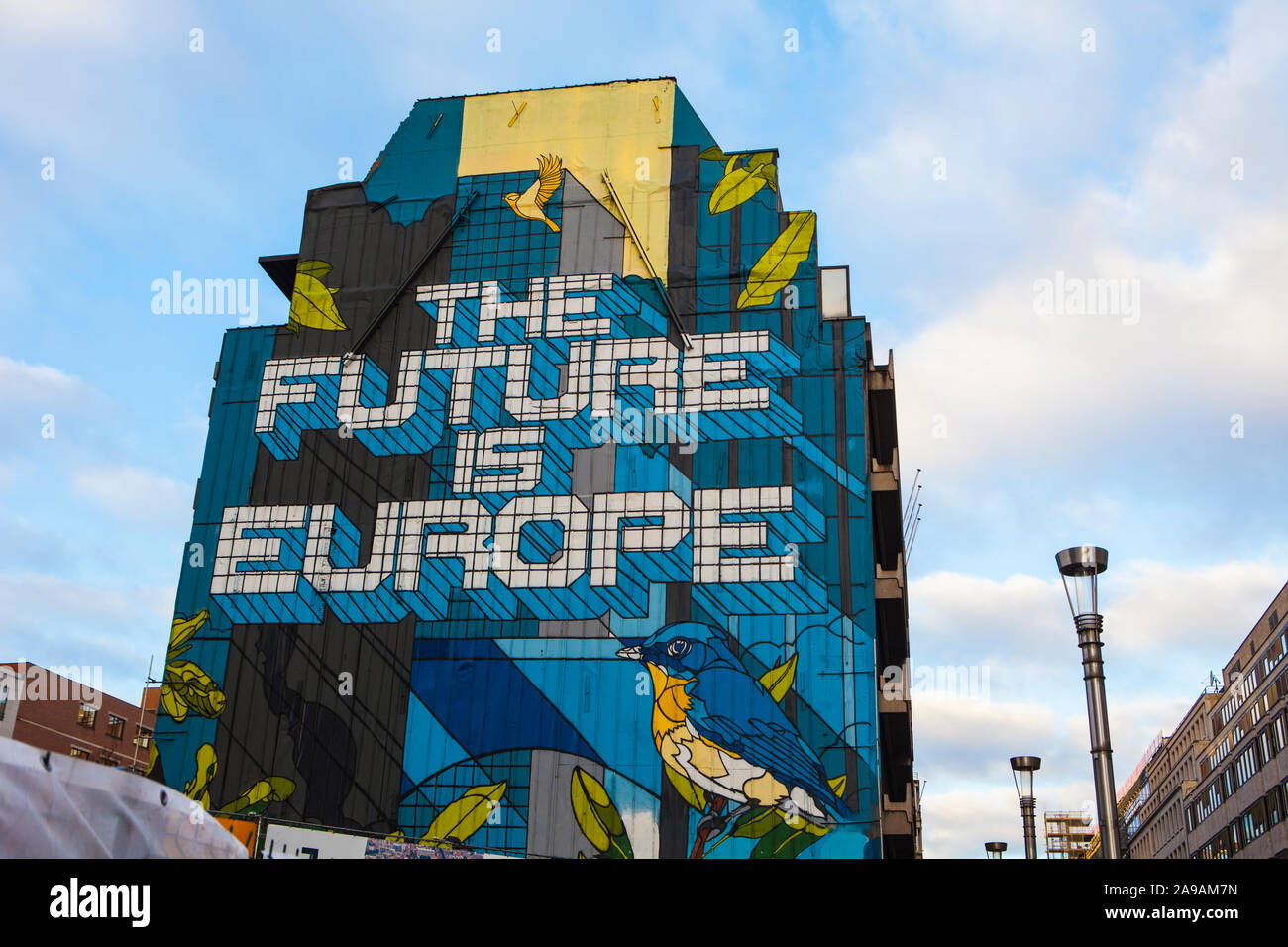 Die Zukunft ist Europa Wandbild, Rue de la Loi, Brüssel in der Rue de la Loi 103, 1000 Brüssel. Stockfoto