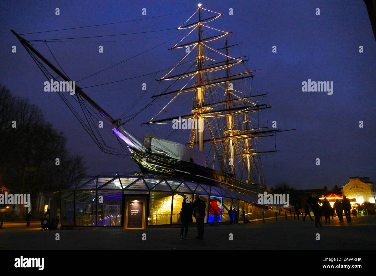 Cutty Sark, beleuchtet für die Weihnachtsferien. Stockfoto