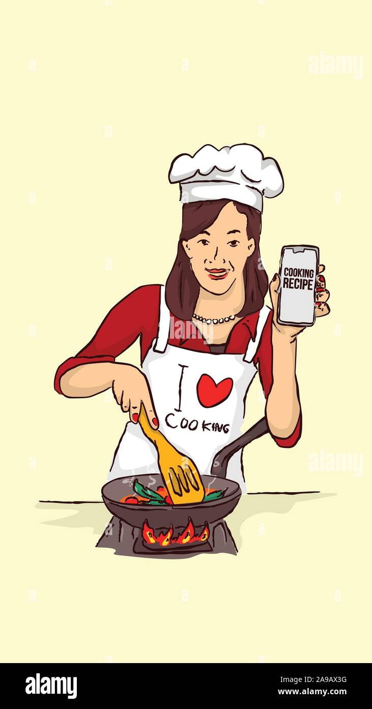 Isolierte Hausfrau kochen und halten Smartphone lernen Kochen von mobile Anwendung online rezept Hand gezeichneten Stil vektor design Illustration Stock Vektor