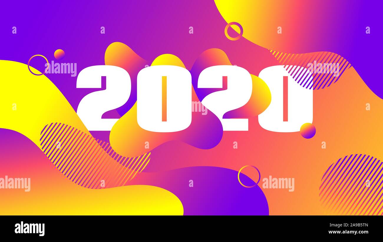 2020 Grußkarte. Trendy Flüssigkeit Flüssigkeit Farbverlauf Hintergrund. Vektor abstrakte Banner mit 2020 Nummern Stock Vektor