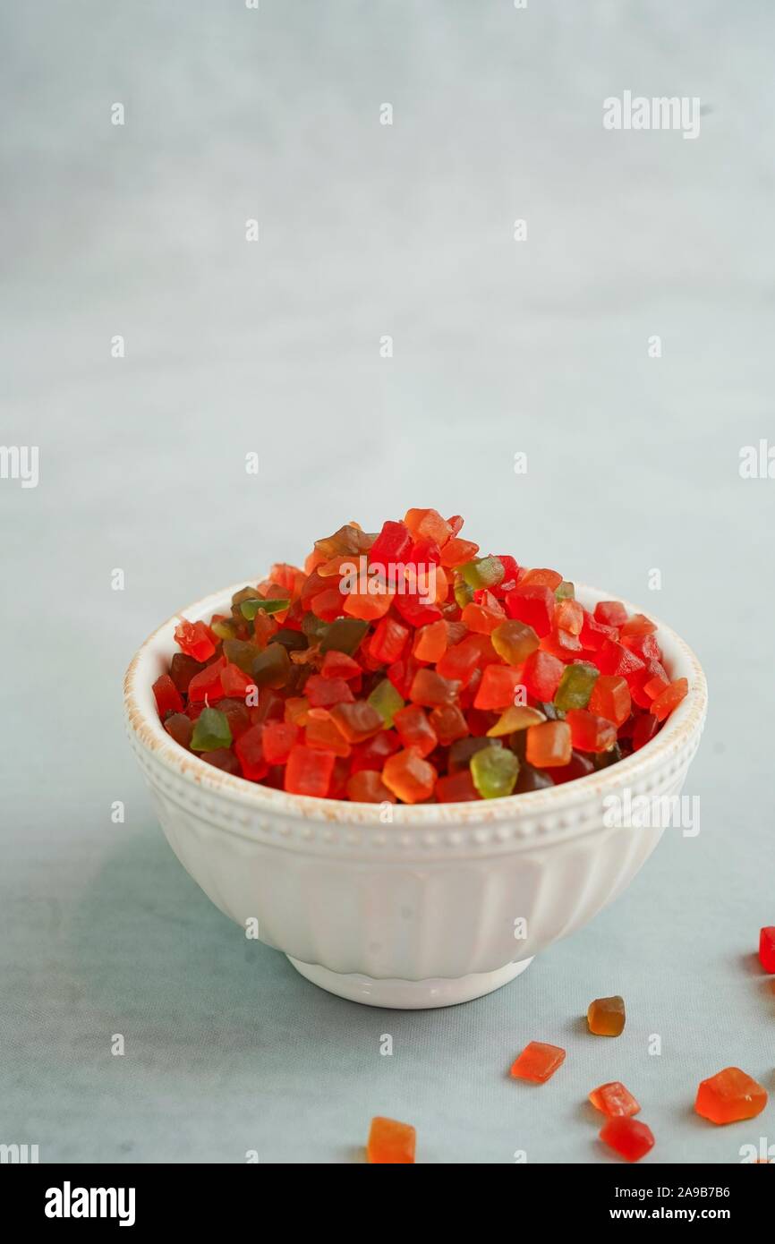 Tutti Frutti / Mehrfarbige kandierte Früchte für Weihnachten Backen, selektiven Fokus Stockfoto
