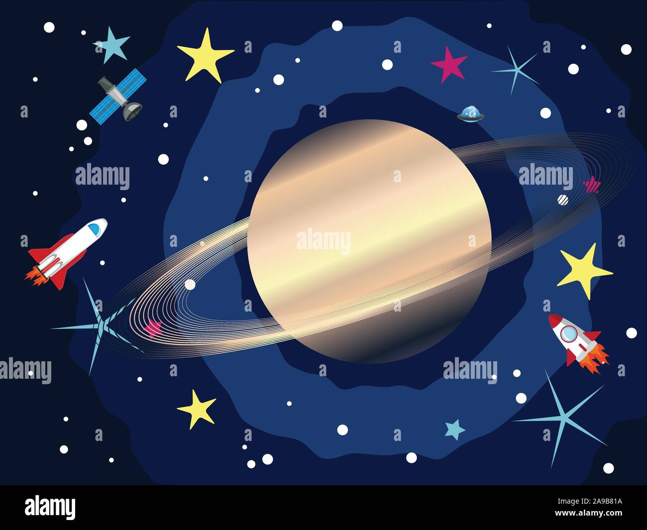 Big Planet Saturn im Raum mit Sternen und Shuttles. Stock Vektor