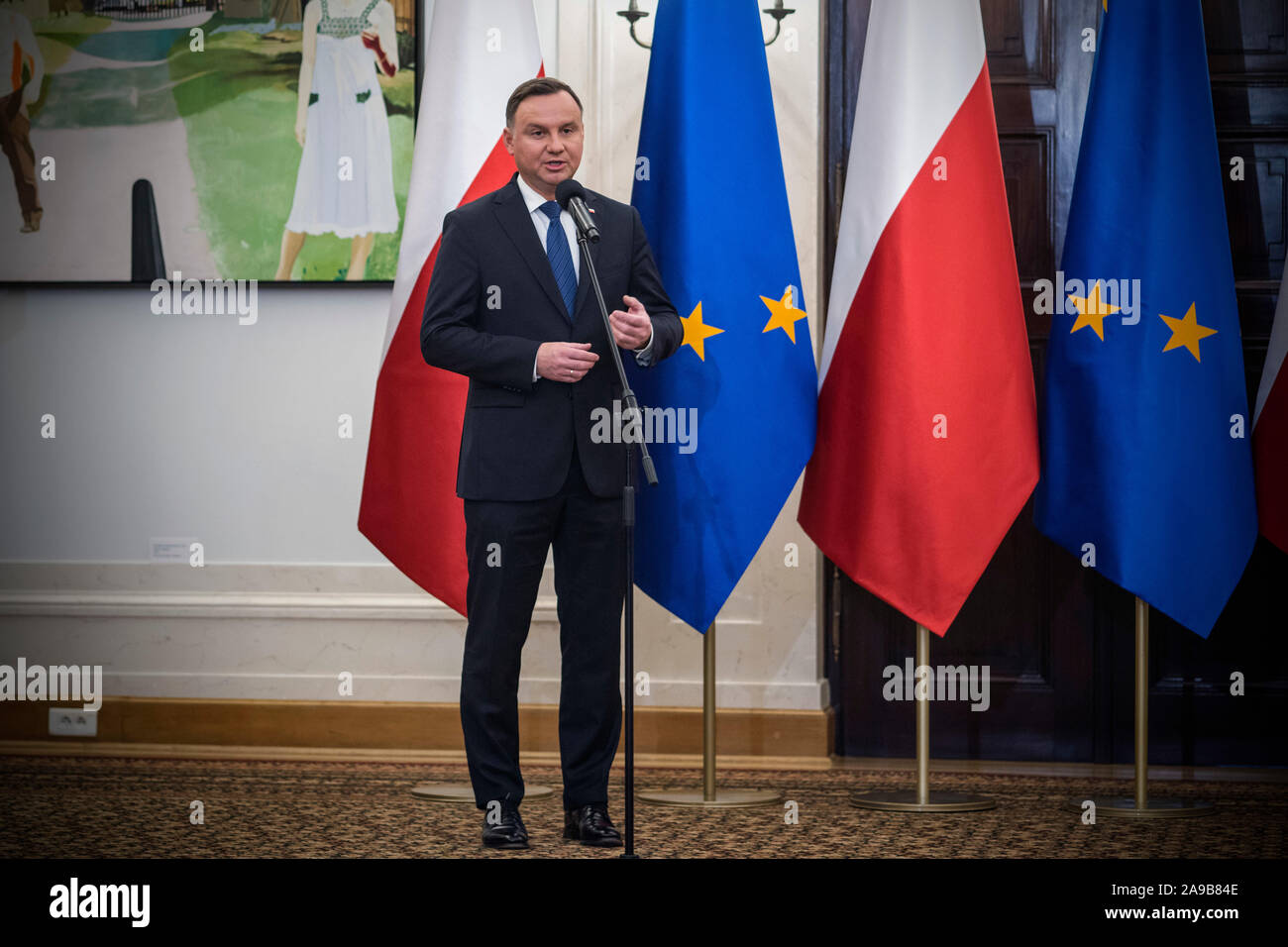 Warschau, Polen. 14 Nov, 2019. Präsident Andrzej Duda spricht während die Bezeichnung Zeremonie. Credit: SOPA Images Limited/Alamy leben Nachrichten Stockfoto