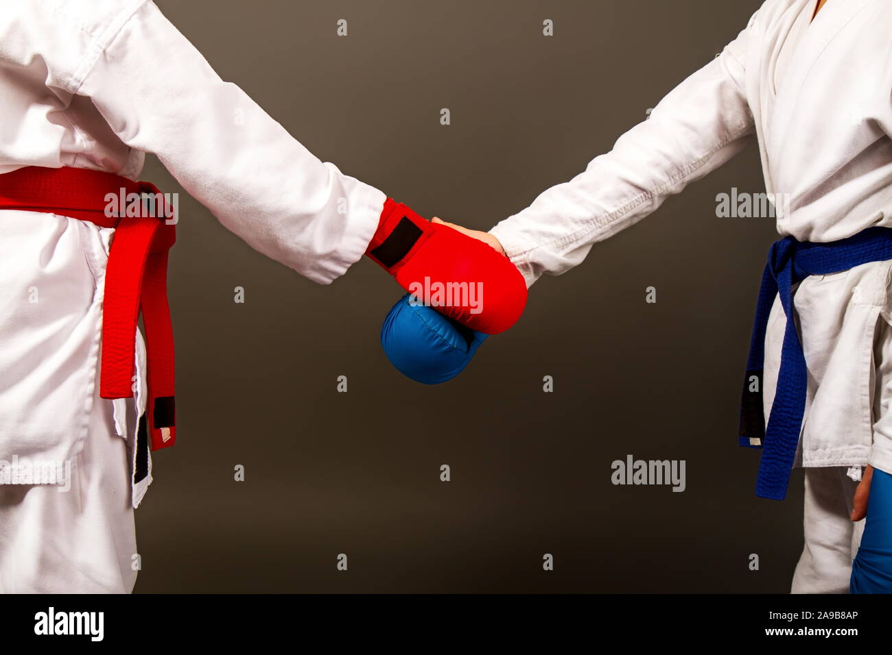 Zwei kleine Karate Mädchen in Kimonos und Sportgeräte in Rot und Blau Hände schütteln, bevor die Konkurrenz Stockfoto