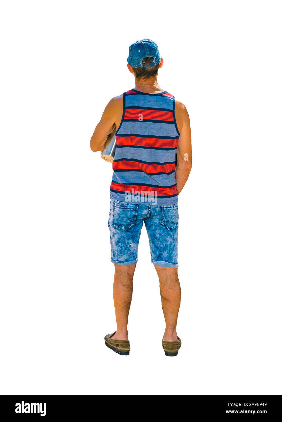 Isoliert Foto des älteren Mann tragen Sommer Kleidung und Hut Stockfoto