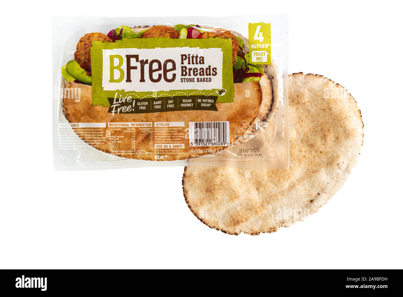 B free Glutenfrei Pitta Brot, Ansicht von oben. Stockfoto