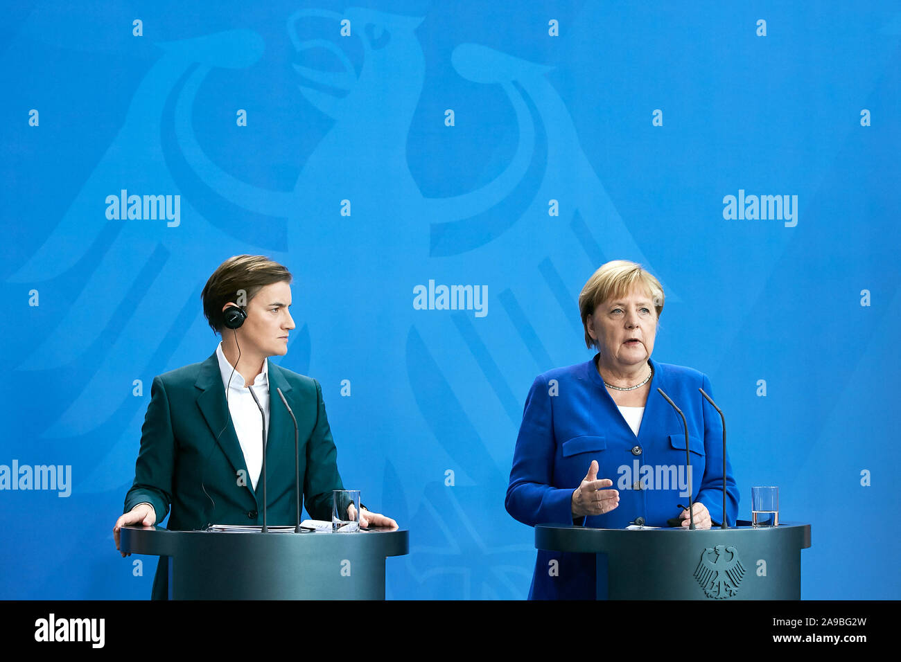 18.09.2019, Berlin, Berlin, Deutschland - Bundeskanzlerin Angela Merkel und Ana Brnabic, Premierminister der Republik Serbien auf der gemeinsamen Pressekonferenz Stockfoto