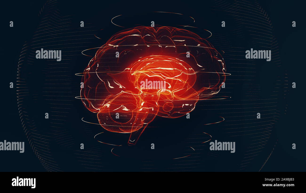 Futuristische red digital Gehirn. Neuronen Feuern in MRT-Scan Stockfoto