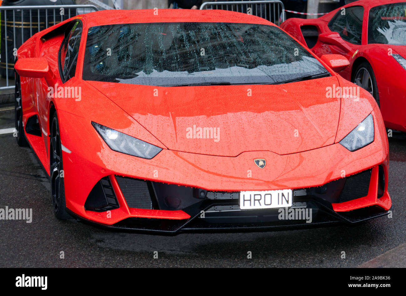 Vorderansicht eines Lamborghini Huracan EVO, auf Anzeige in der Supercar paddock der Regent Street Motor Show 2019 Stockfoto