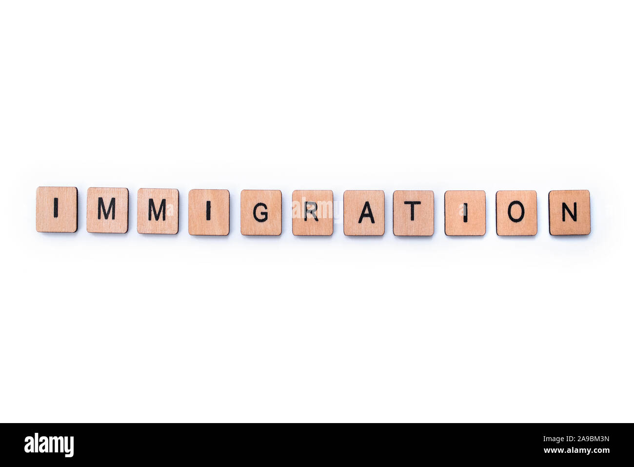 Das Wort "Einwanderung", Dinkel mit hölzernen Buchstabensteine über einem weißen Hintergrund. Stockfoto
