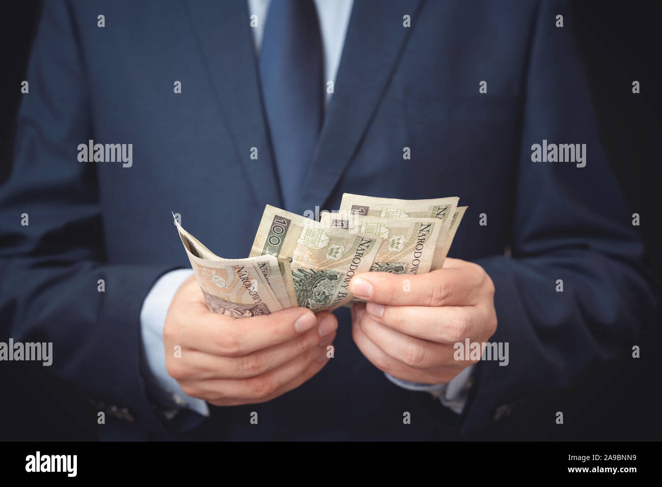 Mann im Anzug zählt Polnische Banknoten. Business und Finanzen, Gehalt Konzept Stockfoto