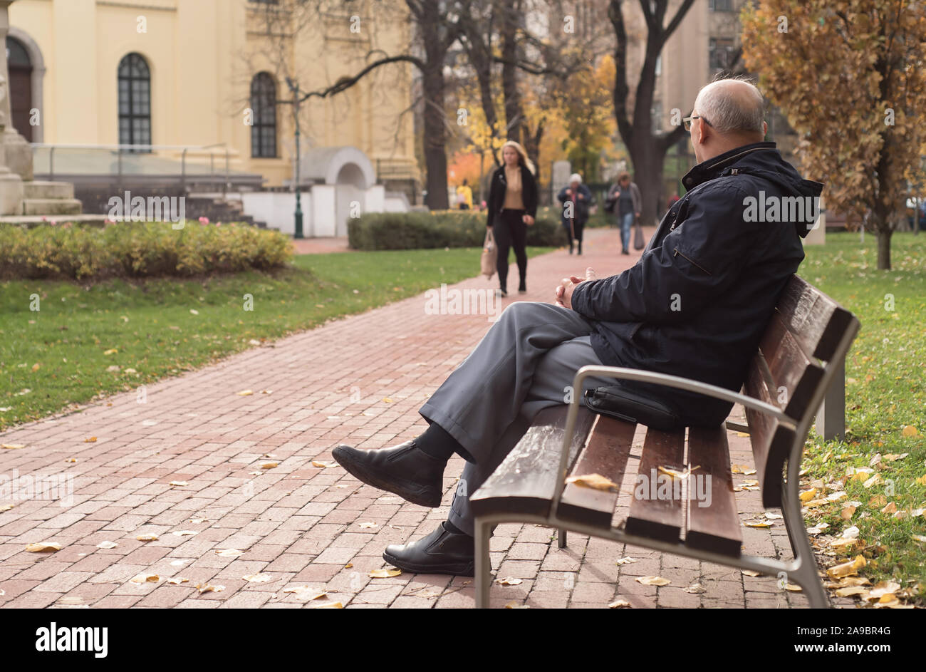 Alter Mann sitzt auf einer Bank im Park ein Herbst Tag Stockfoto