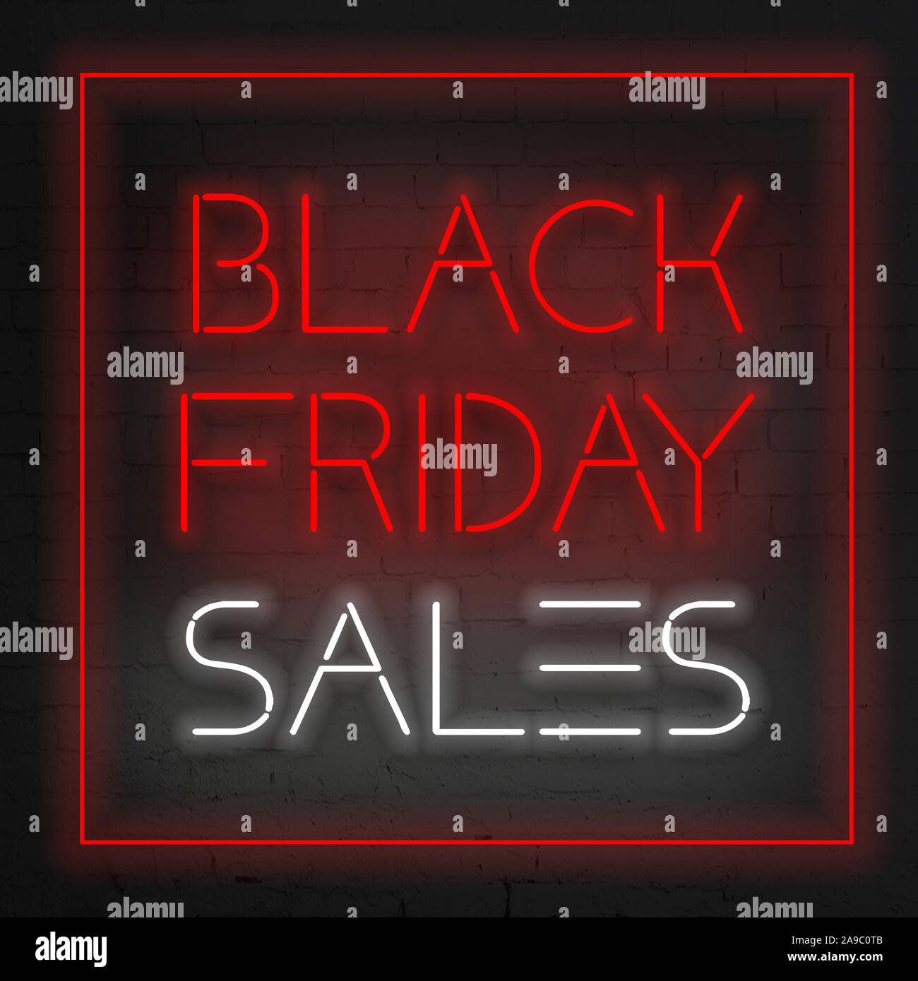 Schwarzer Freitag verkauf Banner. Dunkler Schwarzer Freitag Neonlicht Banner. Square dark Black Friday sale. Neon rot Anschlagtafel auf Wand. Stockfoto