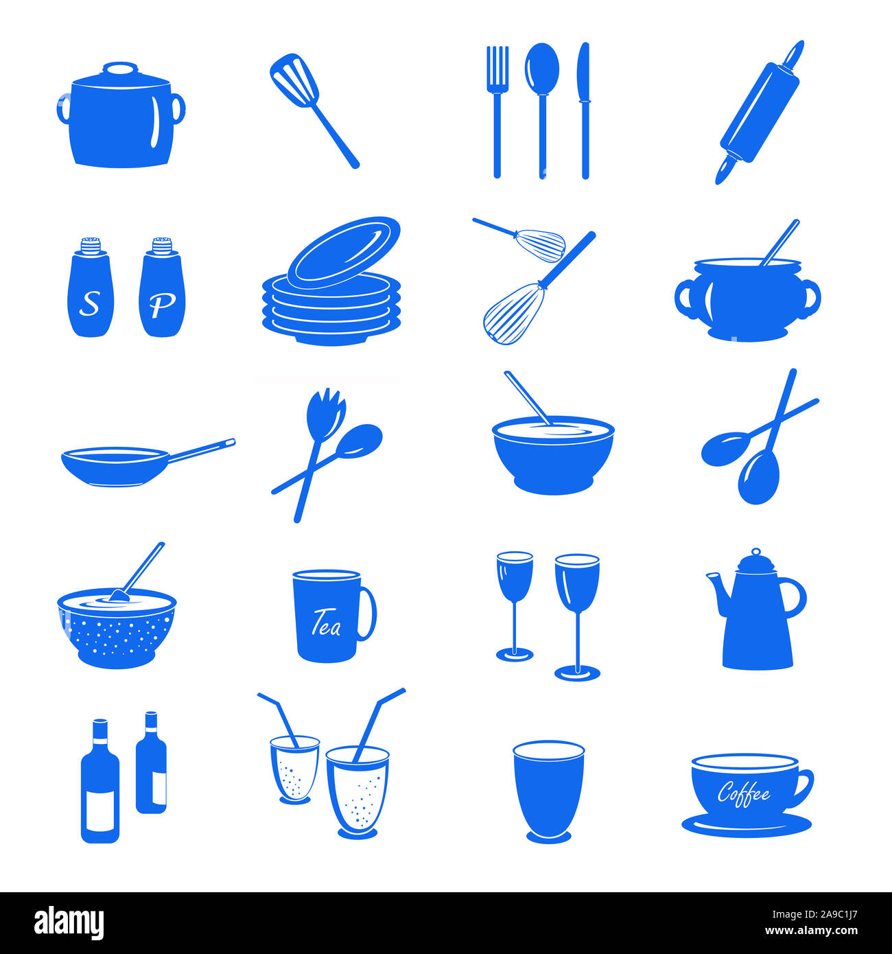 Blaue Küche Symbole vor weißem Hintergrund Stockfoto