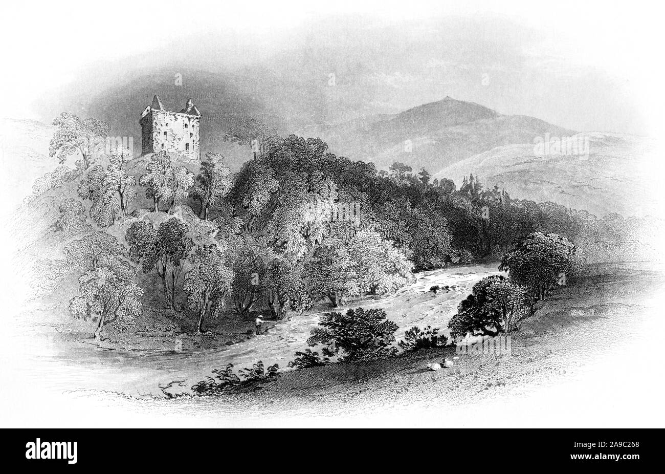 Ein Kupferstich von Newark Castle auf der Schafgarbe gescannt und in hoher Auflösung aus einem Buch im Jahre 1859 gedruckt. Glaubten copyright frei. Stockfoto