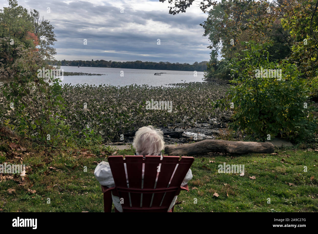 Eine ältere Frau sitzt in einem hölzernen Sessel in einem Park in der Nähe des Flusses, Philadelphia, Pennsylvania, USA Stockfoto