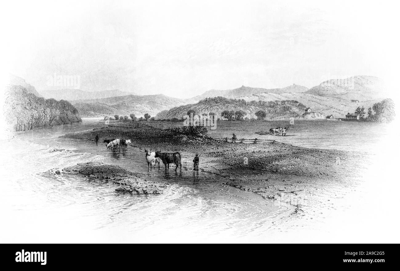 Gravieren von Philiphaugh - Leslie's Truppen mündete auf der Haugh in der Nähe der Farm Haus auf der rechten Seite - Selkirk ist hinter dem Zuschauer von 1859 Buch. Stockfoto