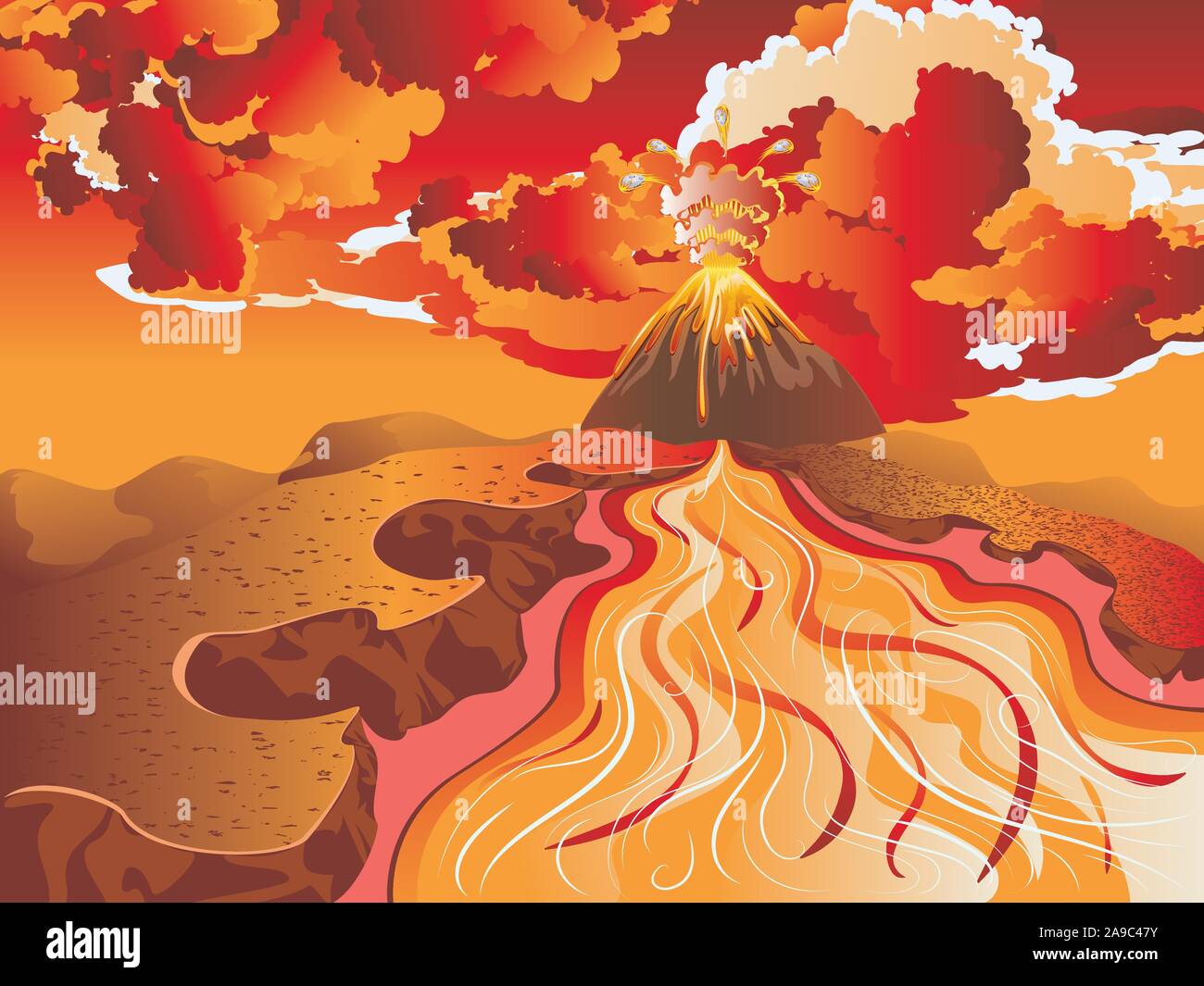 Streaming Fluss in den Felsen und den grossen Vulkan Hintergrund. Stock Vektor