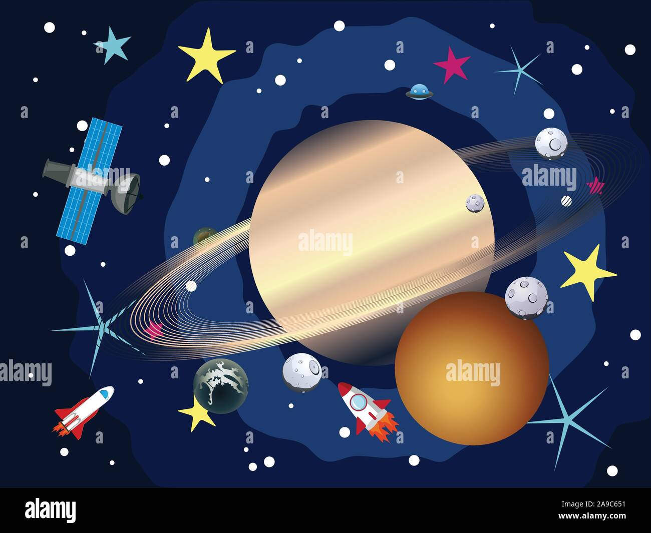 Big Planet Saturn im Raum mit Sternen und Shuttles. Stock Vektor
