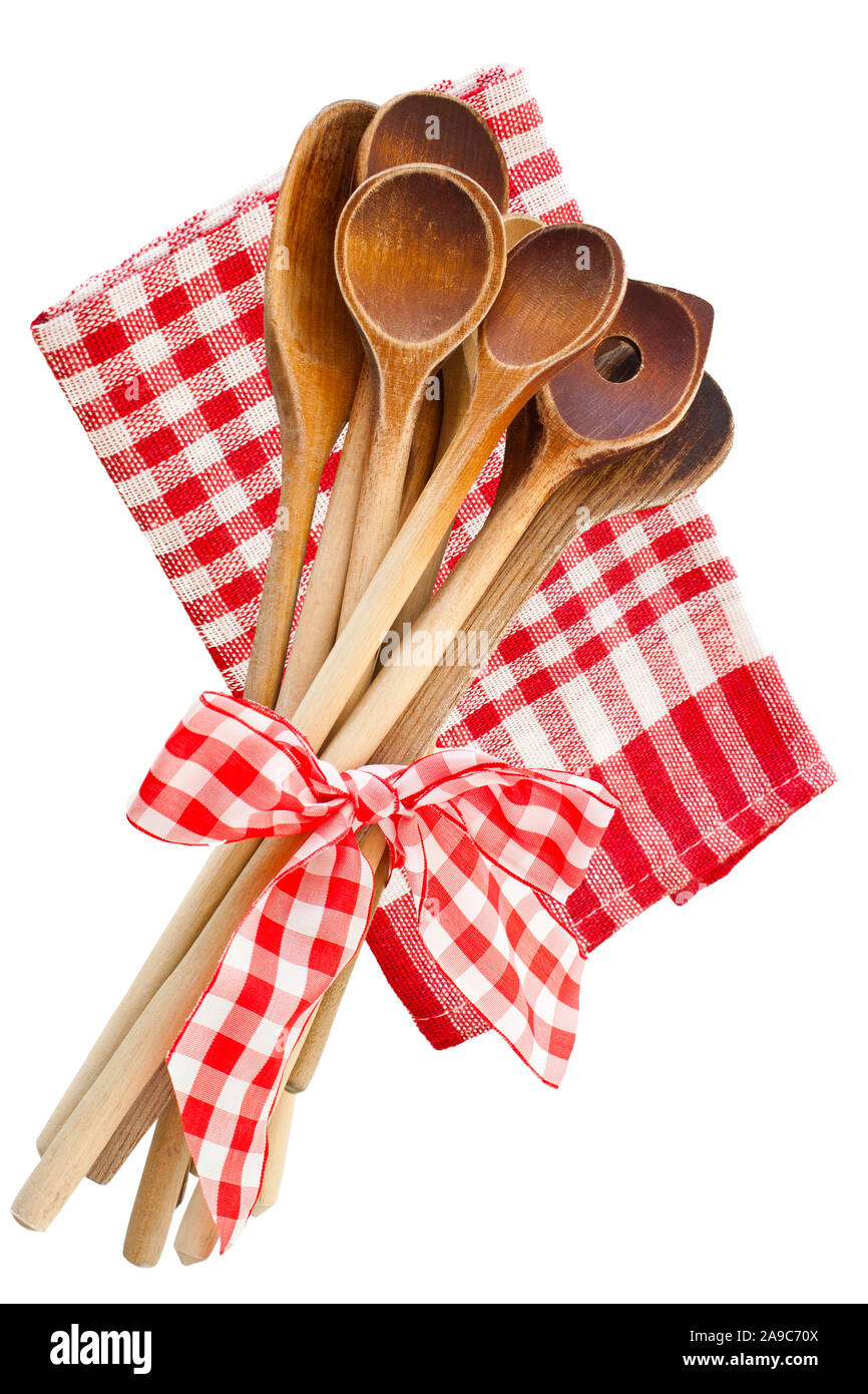 Holz Kochlöffel und weißem Hintergrund Stockfoto