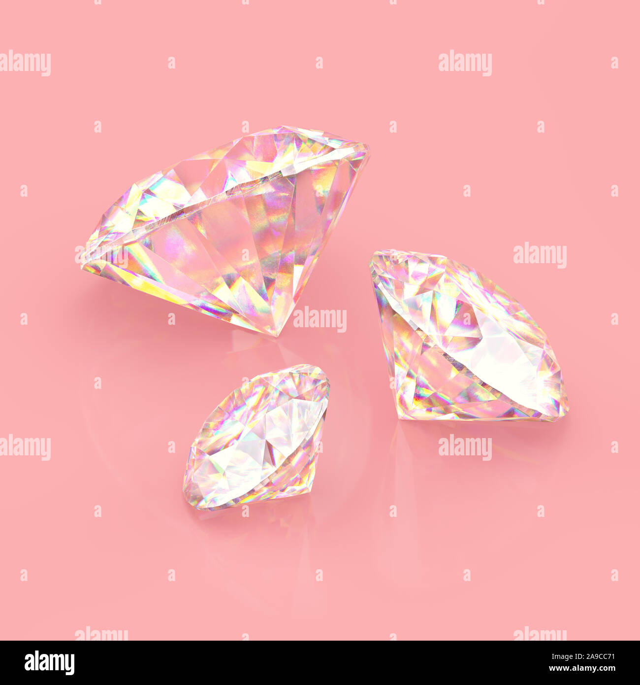 Drei runde funkelnden Diamanten. Kratzer und Unebenheiten auf der Oberfläche. 3D-Rendering. Stockfoto