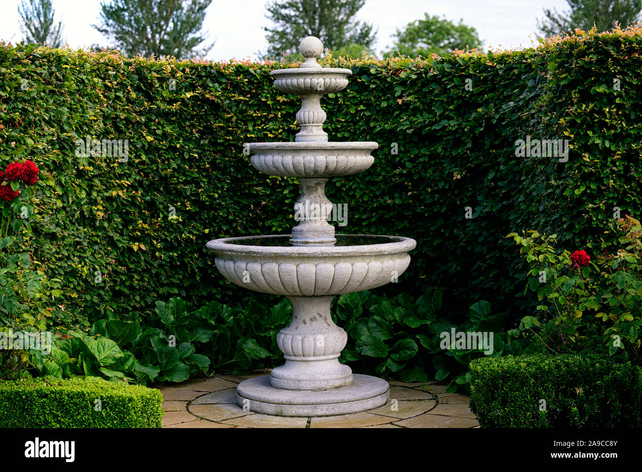Konkrete Brunnen, klassische Brunnen, Garten, gebogen Buche Hedge, ruhigen Gegend, ruhigen Raum, Garten, Gärten, RM Floral Stockfoto