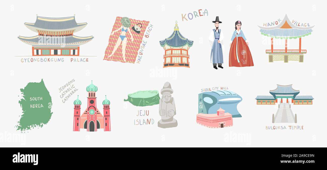 Eingestellt von Doodle Vector Illustration - Sehenswürdigkeiten von Südkorea reisen Sammlung Stock Vektor
