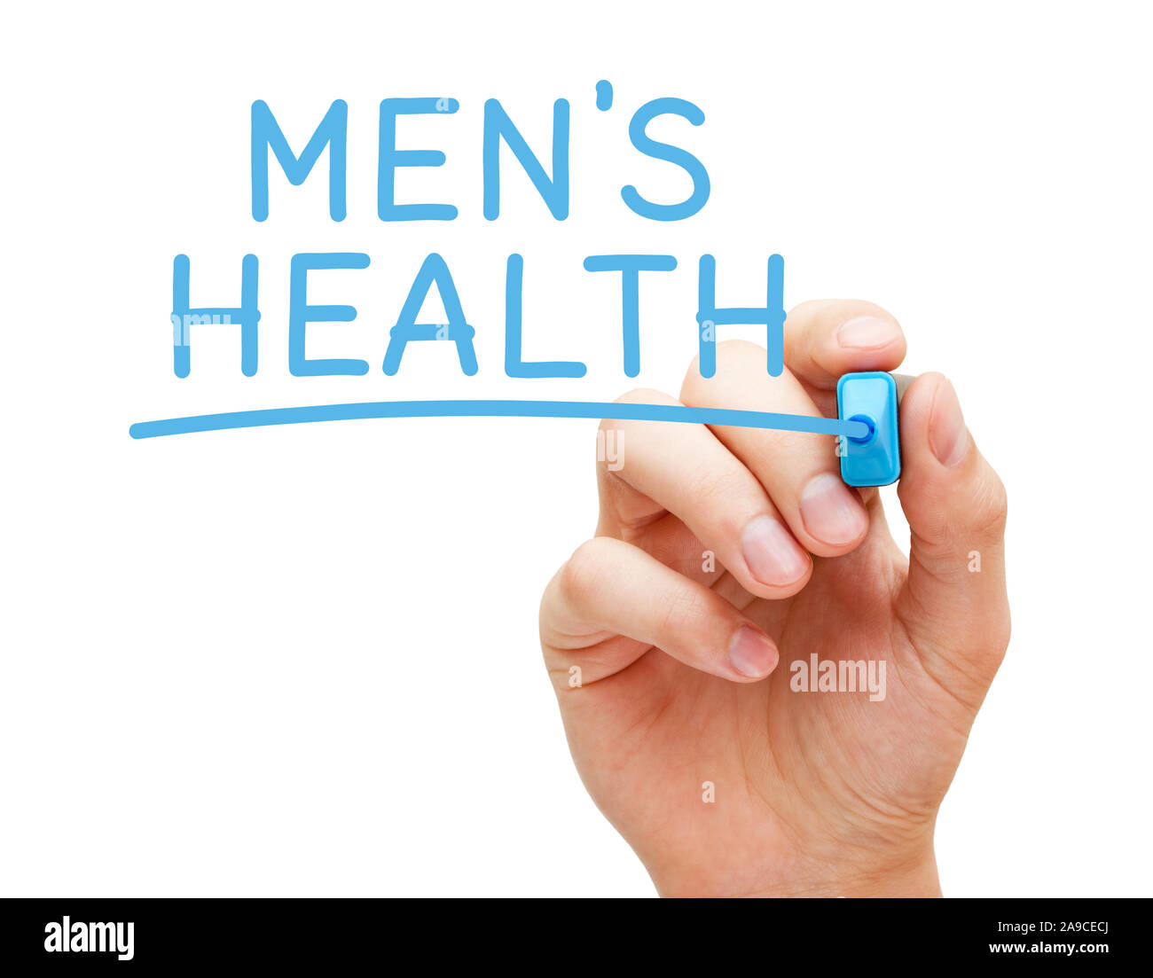Hand schreiben Männer Gesundheit mit blauer Markierung auf transparente abwischen Board auf weißem Hintergrund. Stockfoto