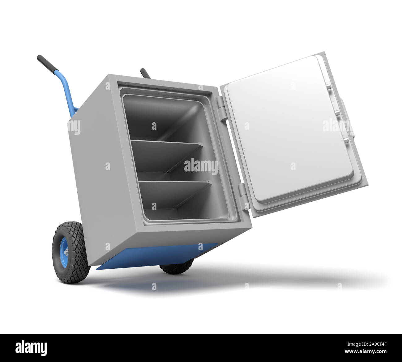 3D-Rendering von Open großes Licht-grau Metall sicher auf blaue Hand Truck. Spart Geld. Einzahlungen. Bank Security System. Stockfoto