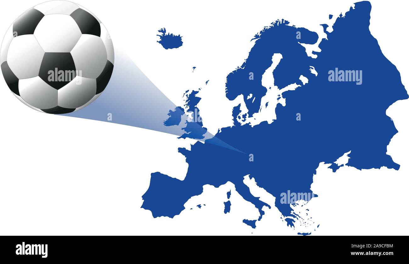 Blaue Karte von Europa mit Fußball zu fliegen. Fußball-Europameisterschaft 2020. Stock Vektor