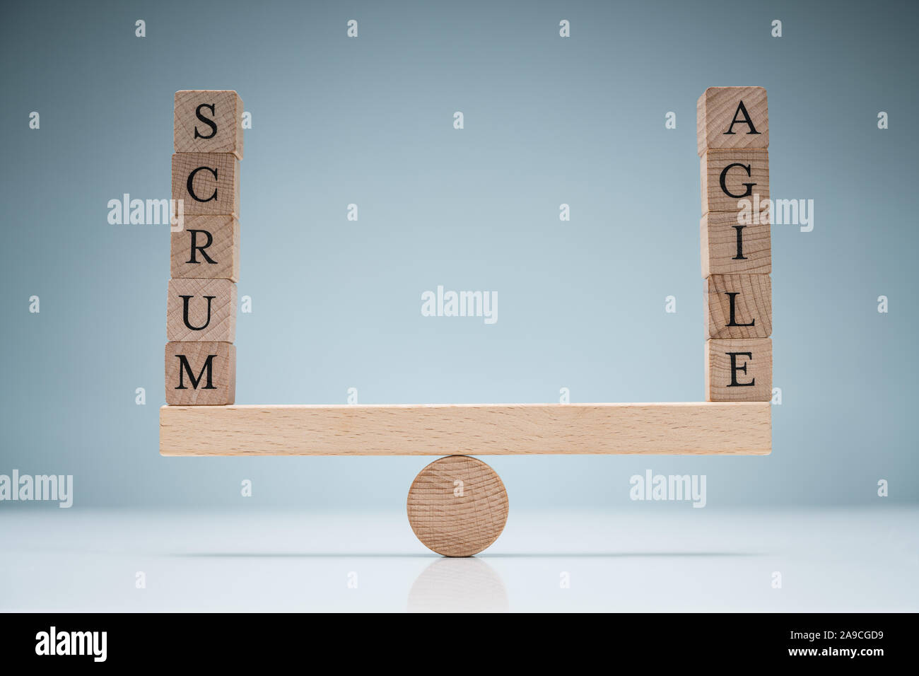 Stapel von Holz- Scrum und agile Blocks auf der Wippe über den weißen Schreibtisch Stockfoto