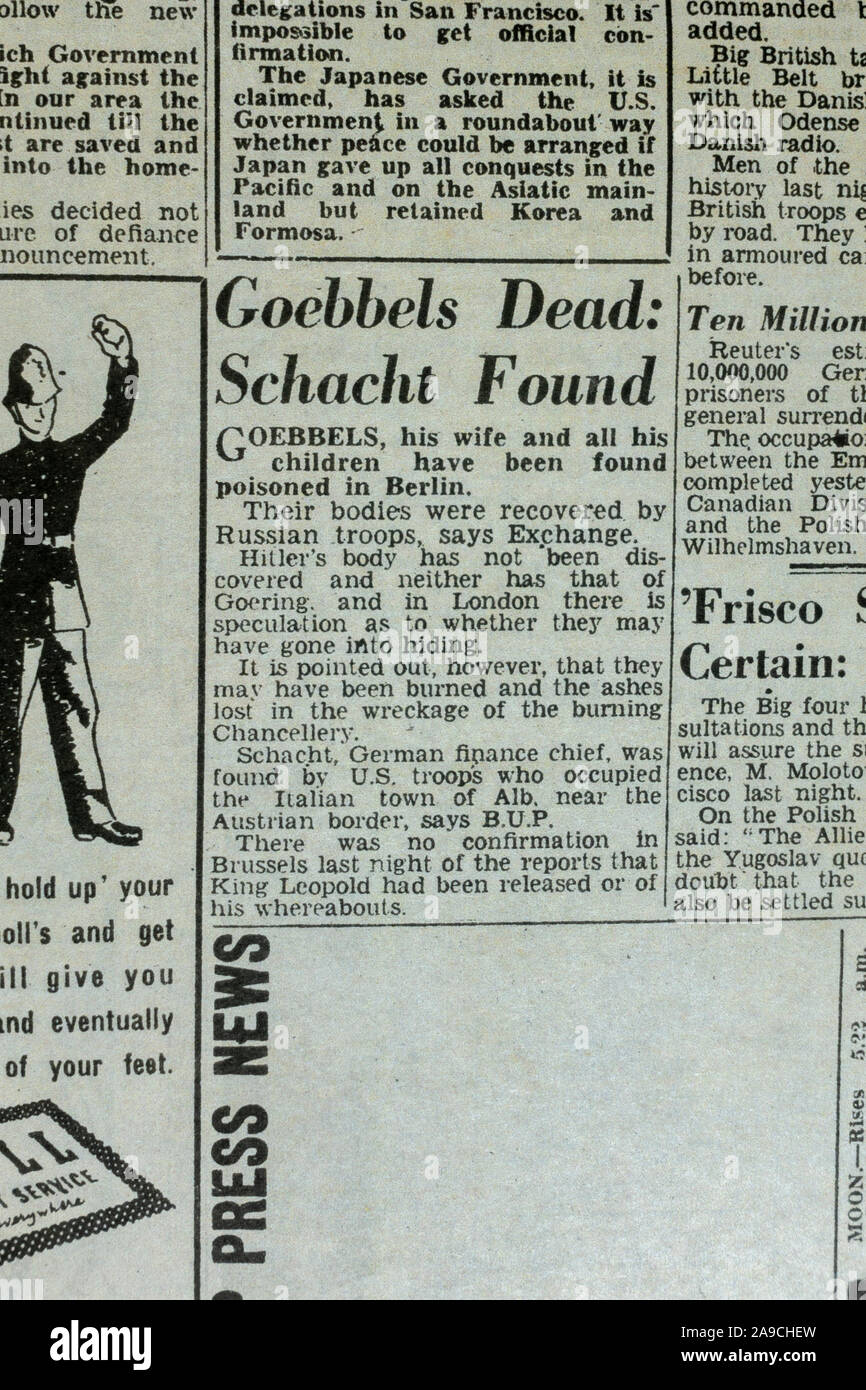 Artikel Bekanntgabe Tod von Joseph Goebbels und seine Familie durch Vergiftung in der täglichen Skizze (Nachbau) Zeitung, 8.Mai 1945 feiert VE Tag. Stockfoto