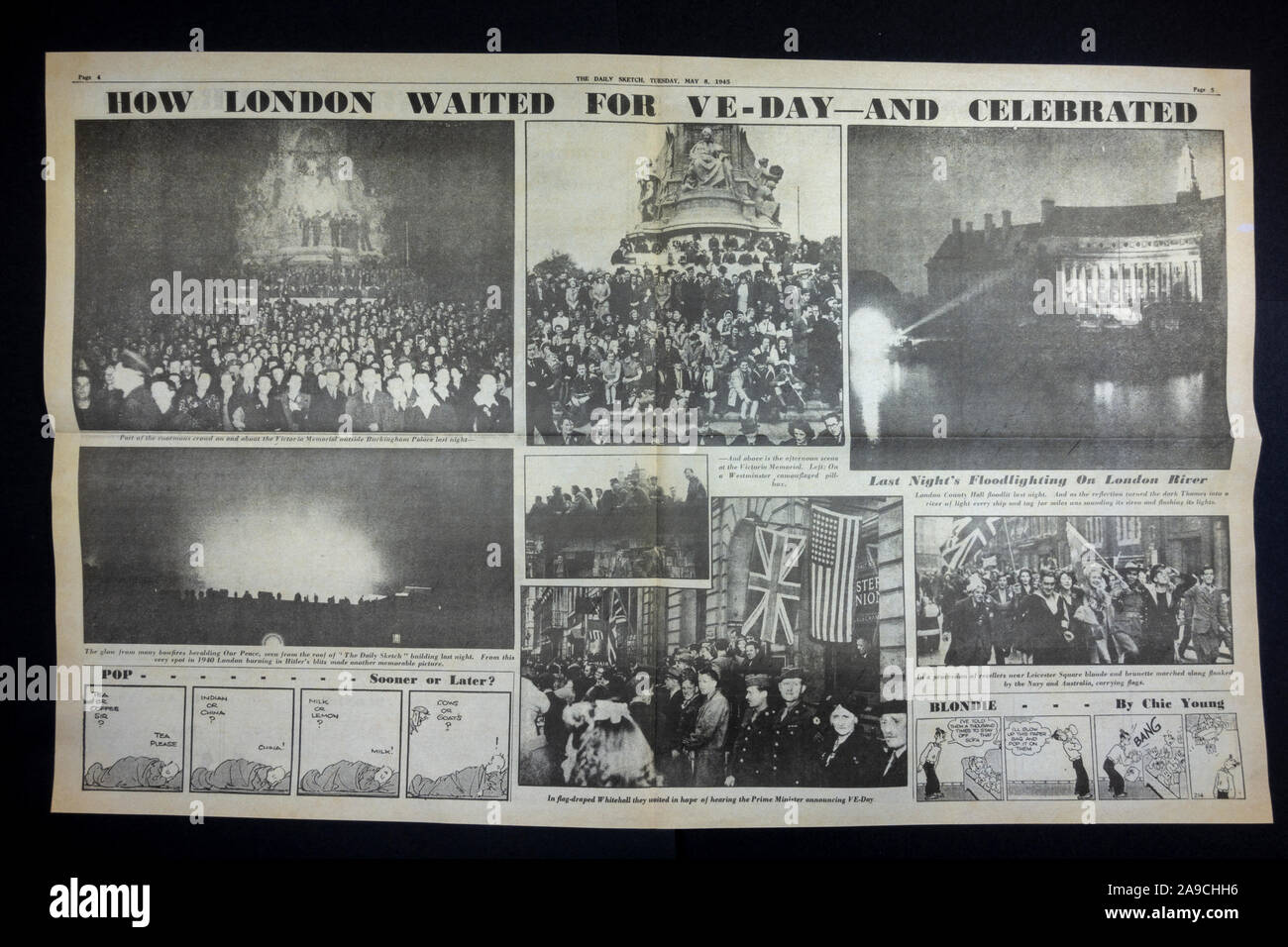 Seiten Fotos von VE Tag feiern, die in den täglichen Skizze (Nachbau) Zeitung vom 8.Mai 1945 feiert VE Tag. Stockfoto
