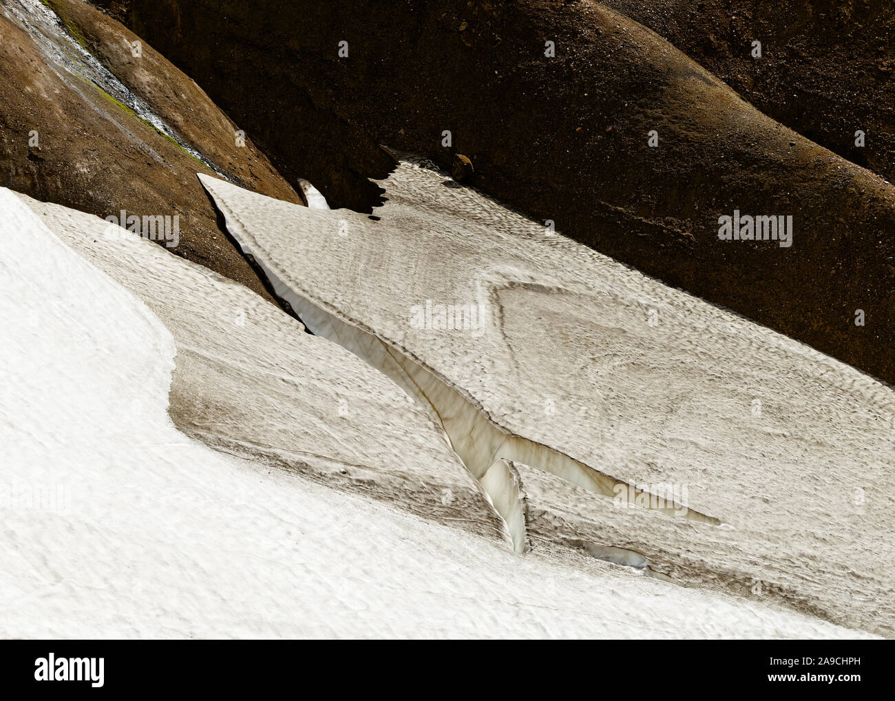 Teil eines schmelzenden Schneefeld mit Risse und Furchen in einer Landschaft in Ocker- und Brauntönen - Ort: Island, Highlands, Bergland' Kerlingarfjöll' Stockfoto