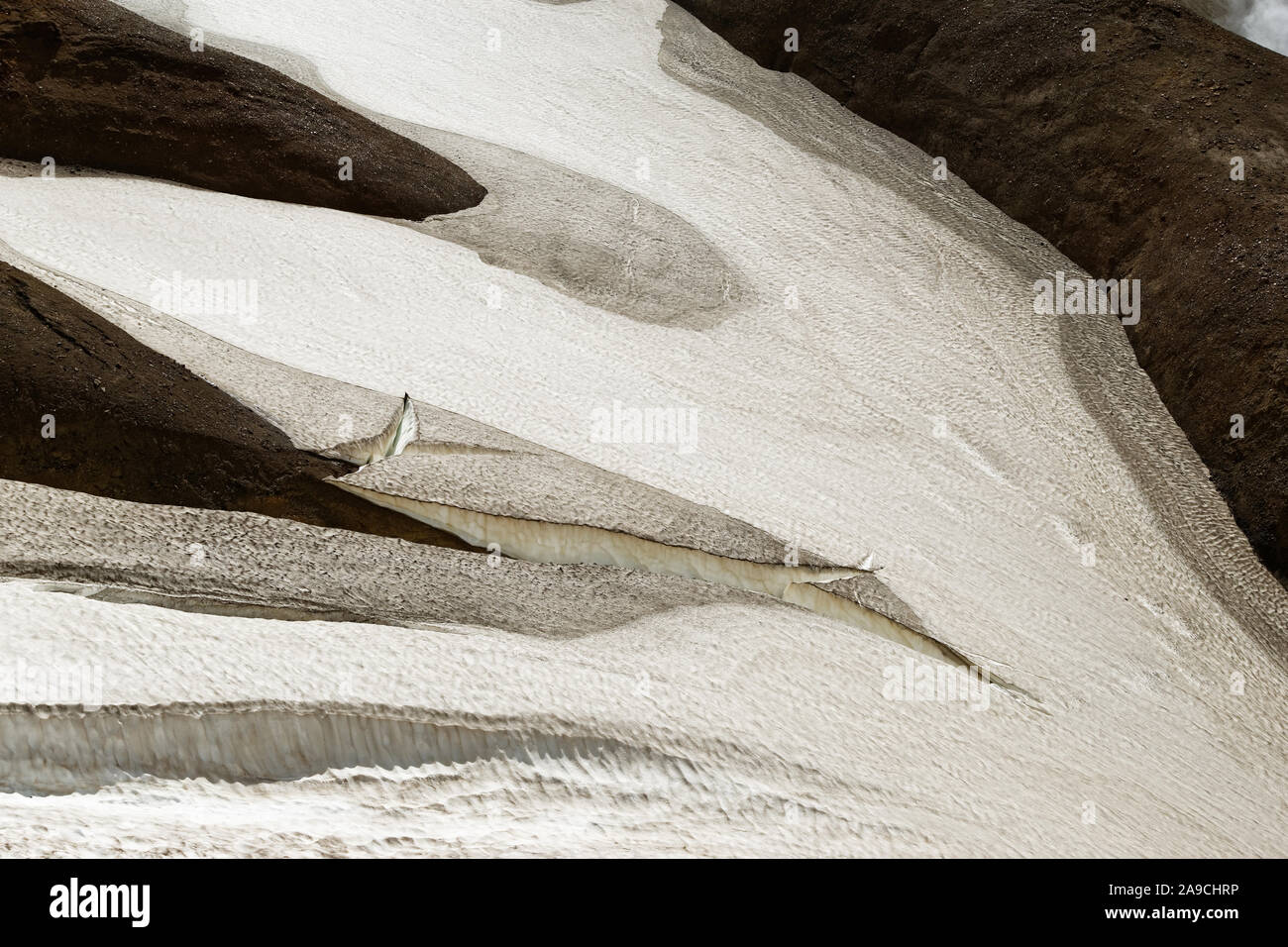 Detaillierte Ansicht eines schmelzenden Schneefeld mit Risse und Furchen - Ort: Island, Highlands, Kerlingarfjöll' Stockfoto