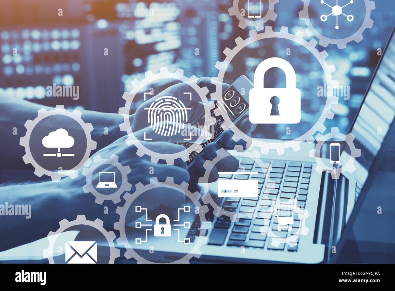 Internet Network Security Konzept mit Ikonen der sicheren Zugriff, Biometrie passwort Technologie, Daten Schutz gegen Cyber Attack, der Cybersicherheit Stockfoto