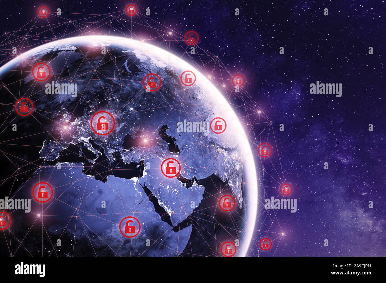 Globale Cyber Attack auf der ganzen Welt mit dem Planeten Erde gesehen vom Weltraum aus und Internet Netzwerk Kommunikation unter Abwehr von Cyberattacken mit roten Icons, worldwid Stockfoto