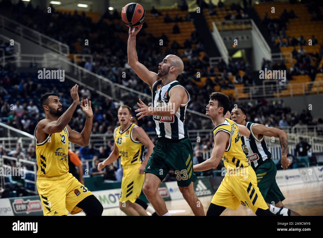 Athen, Griechenland. 14 Nov, 2019. Basketball, Europäische Liga, Hauptrunde, 8. Spieltag, Panathinaikos Athen - Alba Berlin am OAKA Stadium. Nick Calathes (M) von Panathinaikos in Aktion. Credit: Angelos Tzortzinis/dpa/Alamy leben Nachrichten Stockfoto