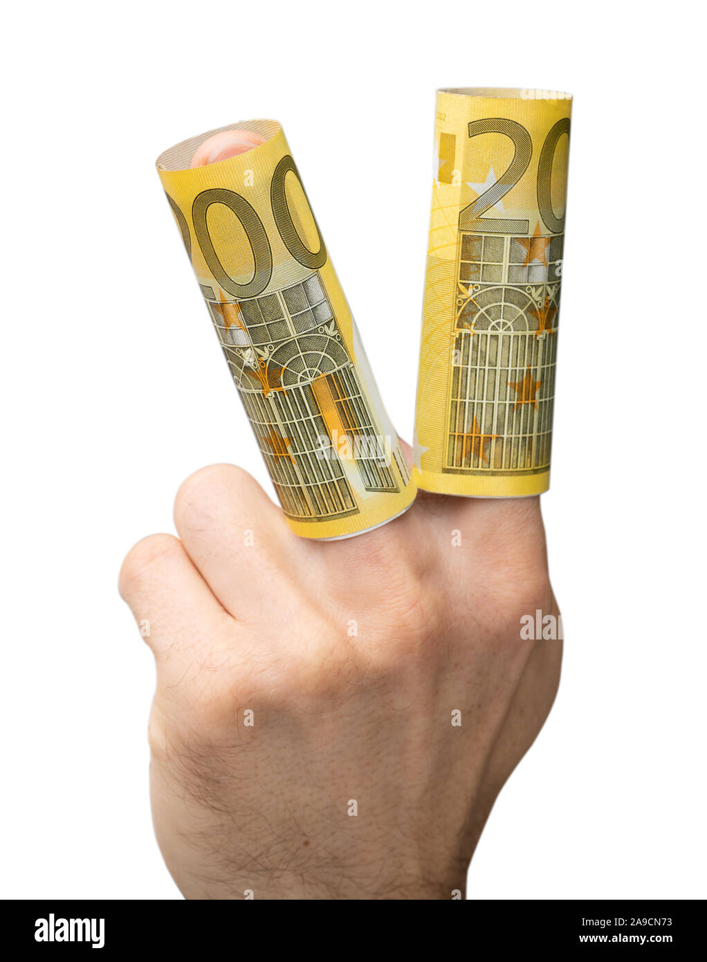 Nahaufnahme einer Hand, die zweihundert Euro Banknoten über seinen Fingern gerollt Stockfoto