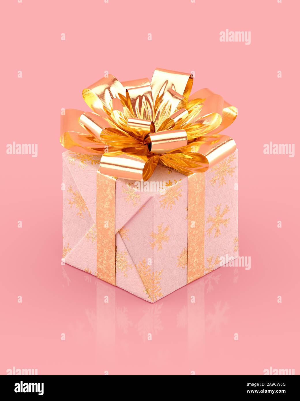 Weihnachten weiß Geschenkbox mit glitzernden goldenen Bogen und Bänder. Schneeflocken Muster auf Papier. Realistische 3D-Rendern. Stockfoto