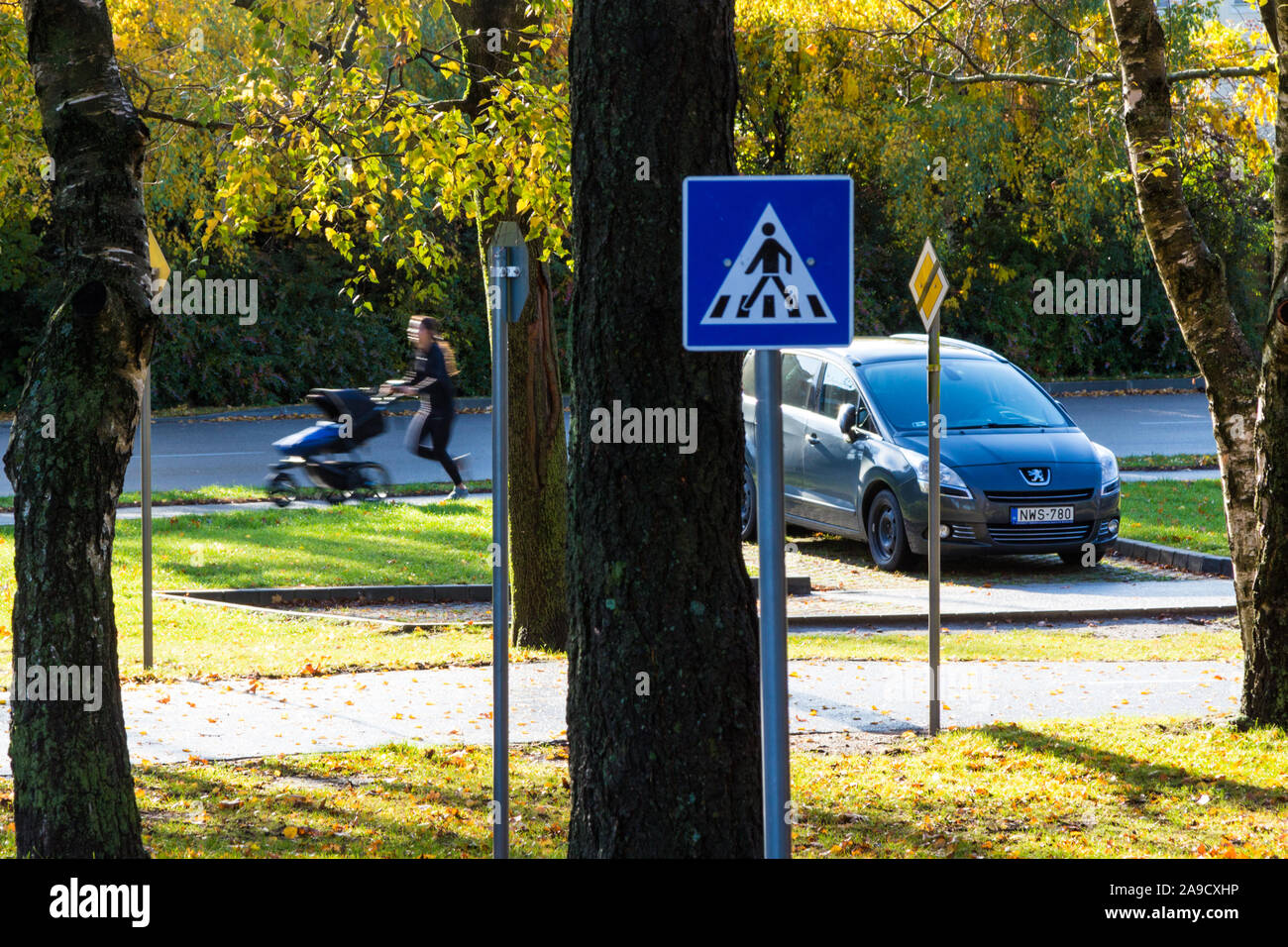 Joggingjunge Frau, die neben dem Auto und den Verkehrsschildern in der Nähe des Verkehrsübungsparkes Sopron, Ungarn, Kinderwagen treibt Stockfoto