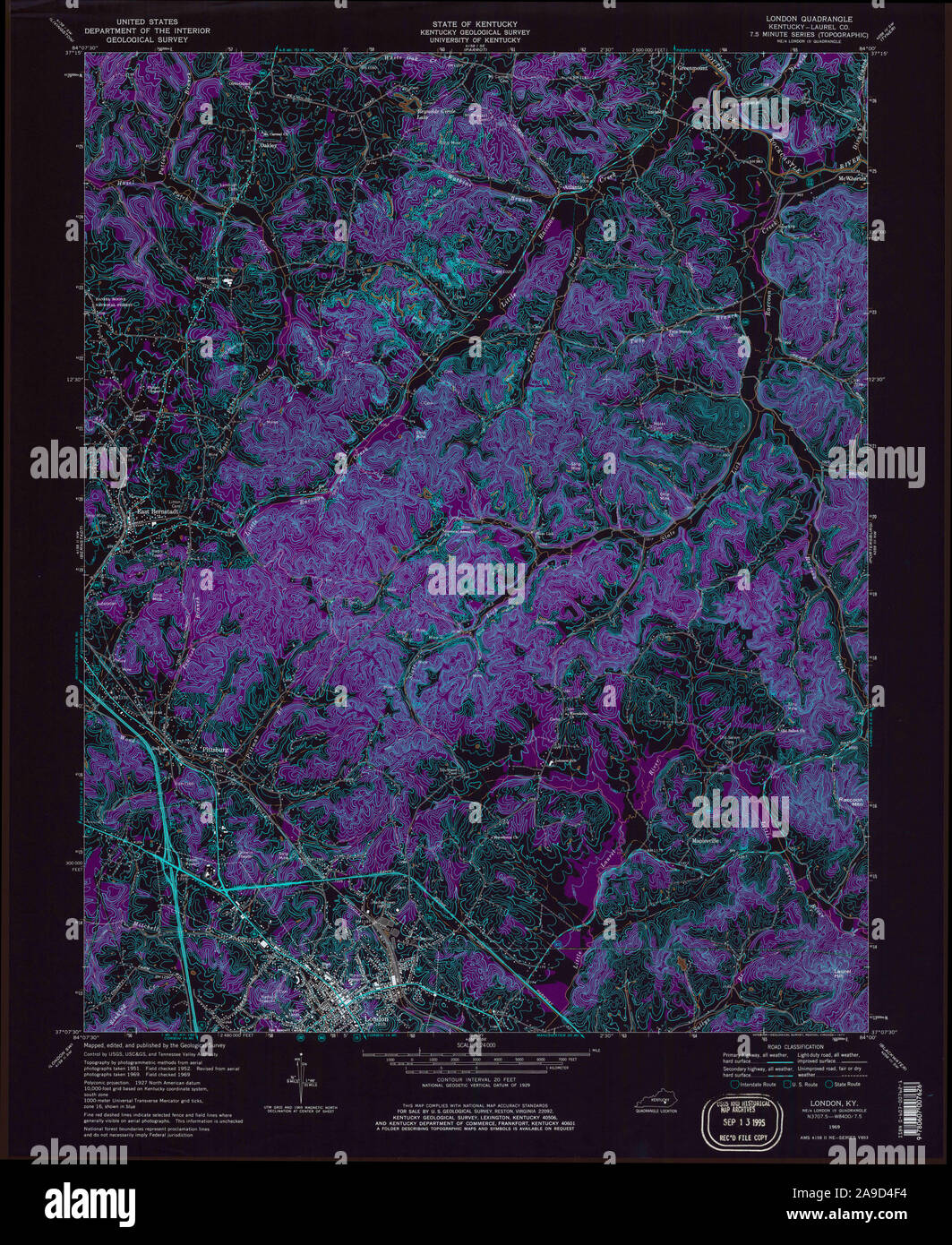 USGS TOPO Karte Kentucky KY London 803721 1969 24000 invertiert Stockfoto