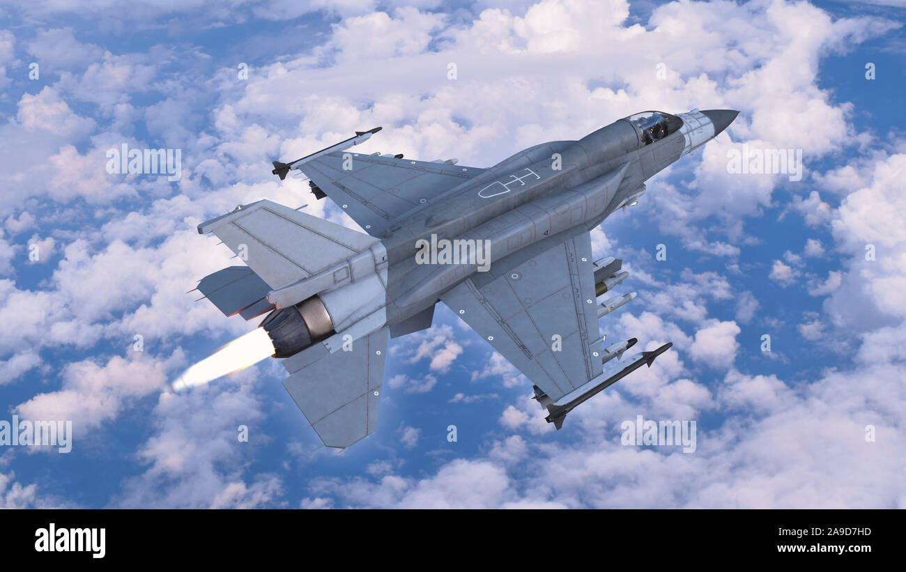 Fighter jet Flugzeug im Flug, Militärflugzeuge, Armee Flugzeug im Himmel mit Wolken, Ansicht von oben, 3D-rendering Fliegen Stockfoto