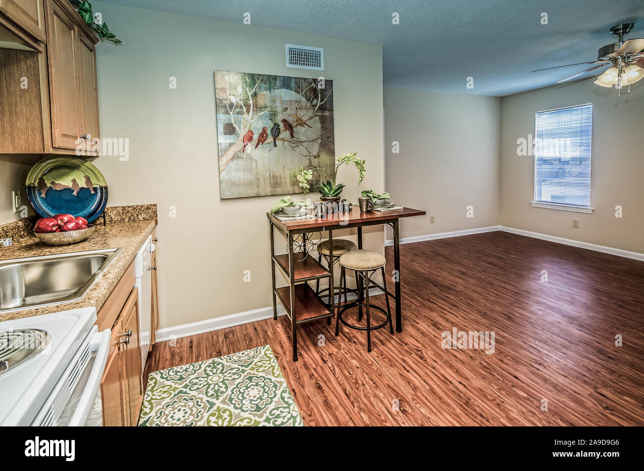 Eine offene Raumaufteilung bietet einfachen Zugriff auf die Küche, Esszimmer und Wohnzimmer im Herbst Wald Wohnung Wohnungen in Mobile, Alabama. Stockfoto